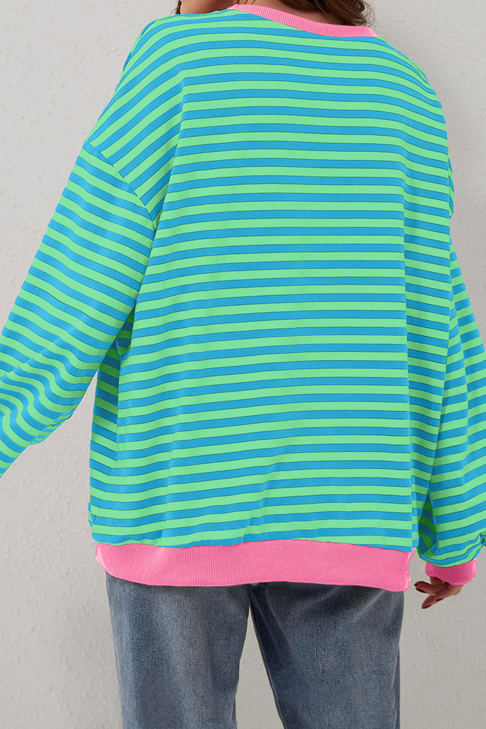 Blue Stripe Oversized Contrast Trim Pullover Sweatshirt