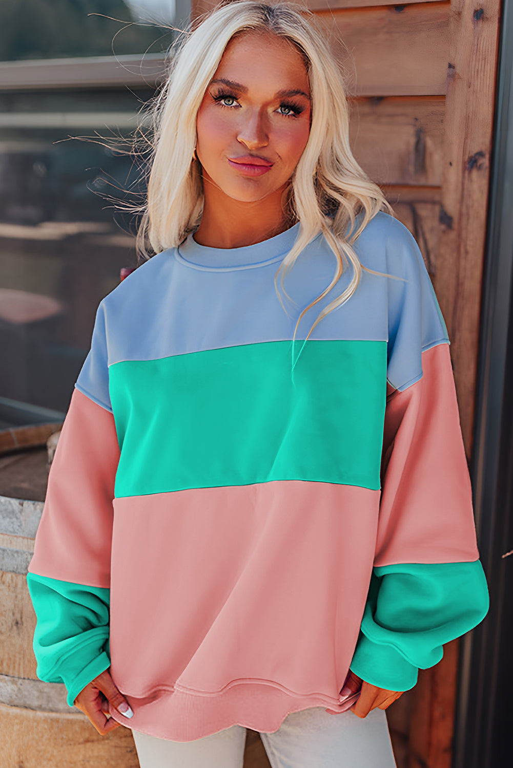 Bright Pink Colorblock Patchwork Drop Shoulder Sweatshirt