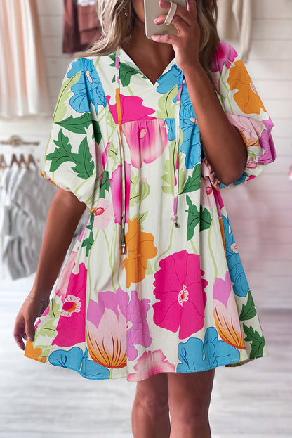 Dark Blue Floral Print Split Neck Babydoll Dress