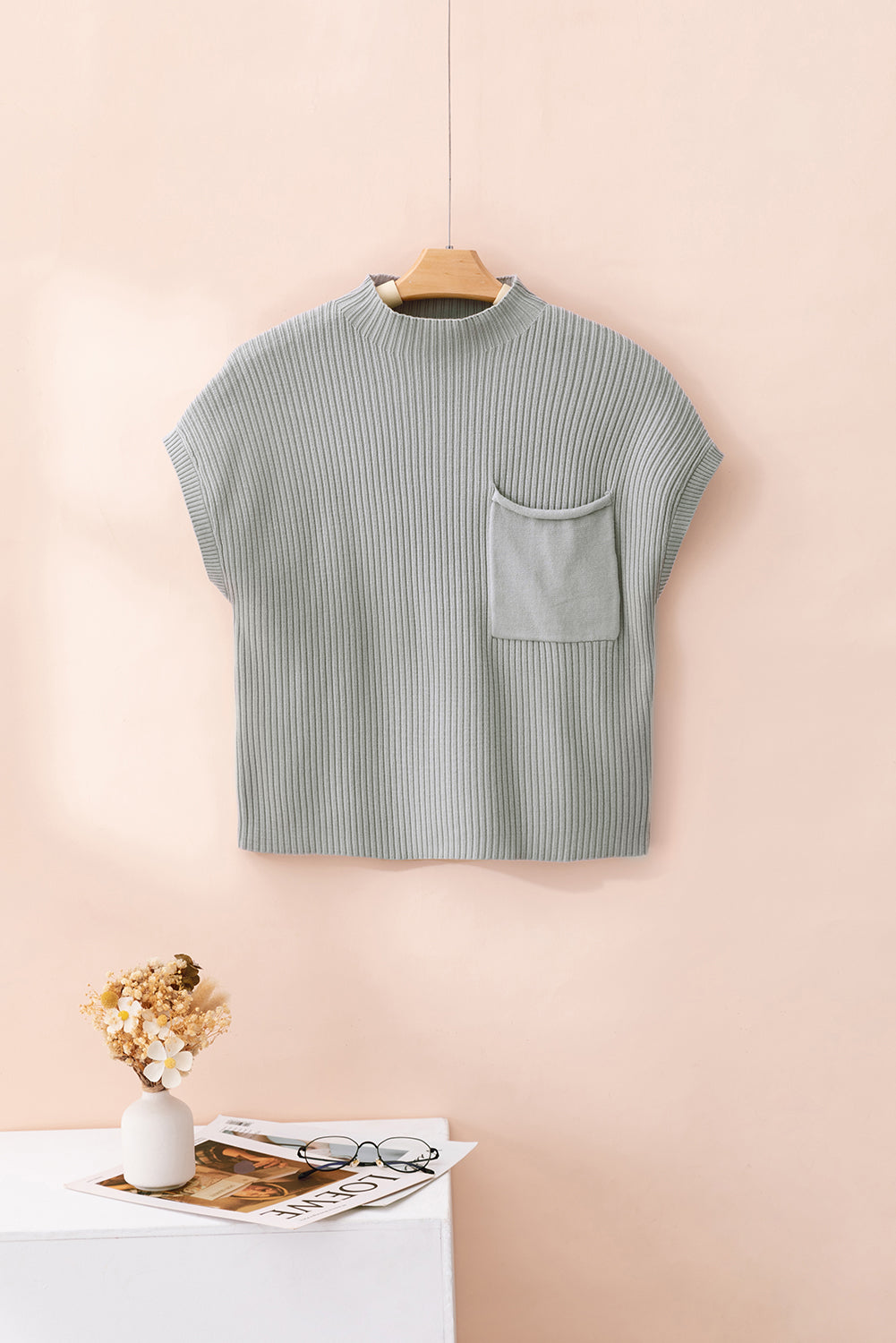 Pocket Ribbed Knit Short Sleeve Sweater