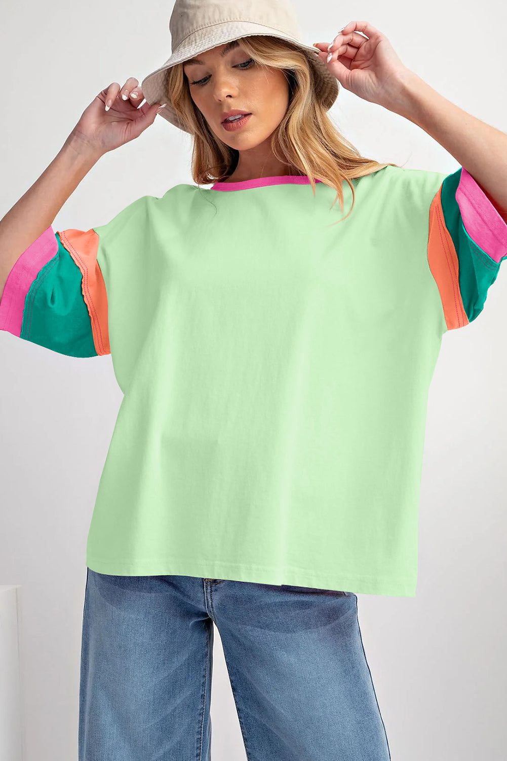 Green Color Block Stitching Sleeve Round Neck Oversize Top