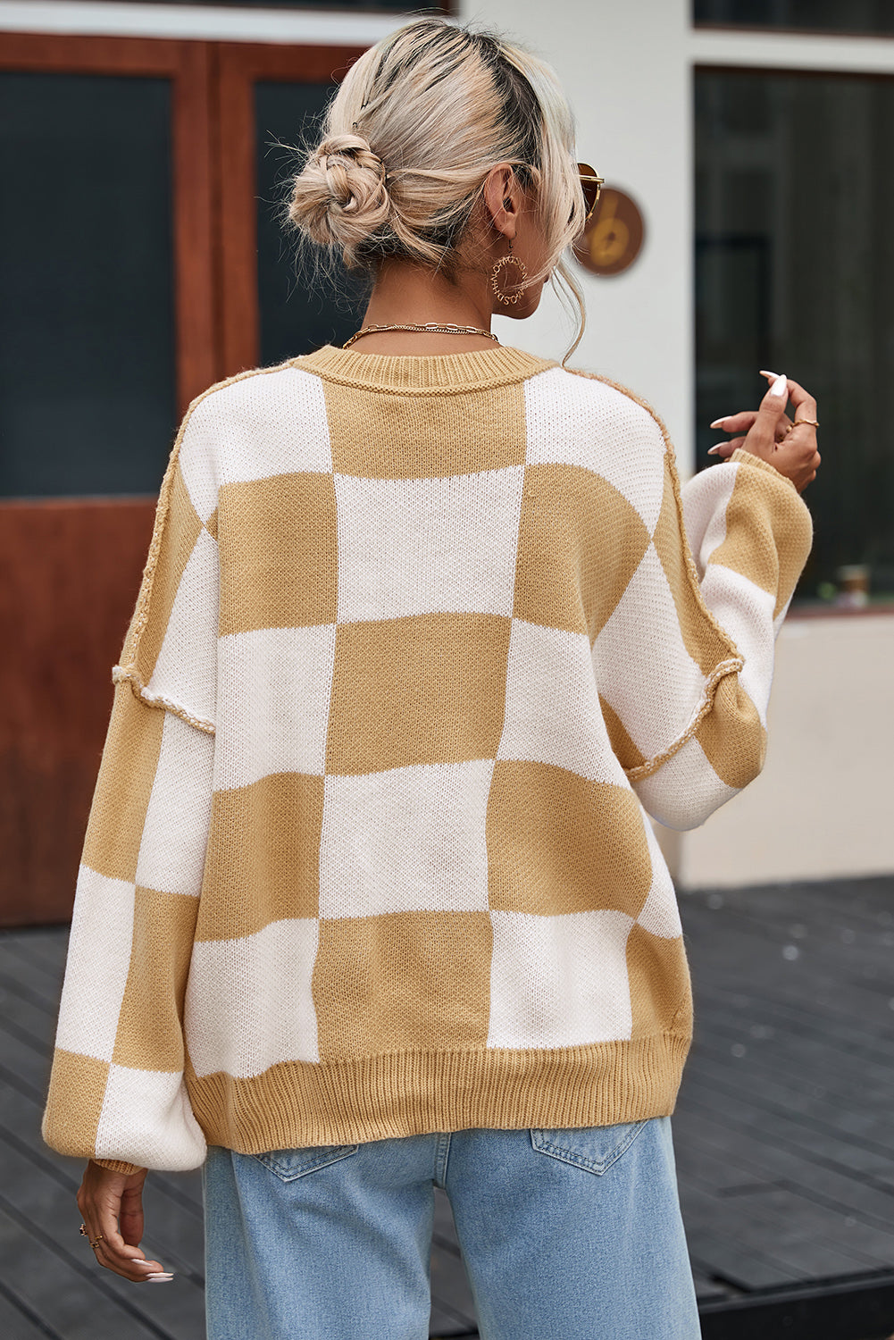 Orange Checkered Bishop Sleeve Sweater