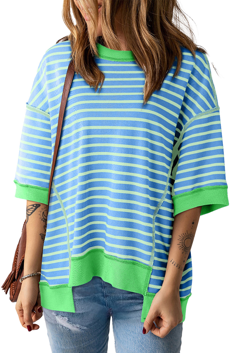 Green Stripe Oversized Contrast Trim Exposed Seam High Low T Shirt