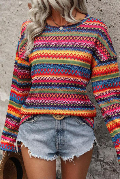 Rose Red Multicolor Long Sleeve Sweater