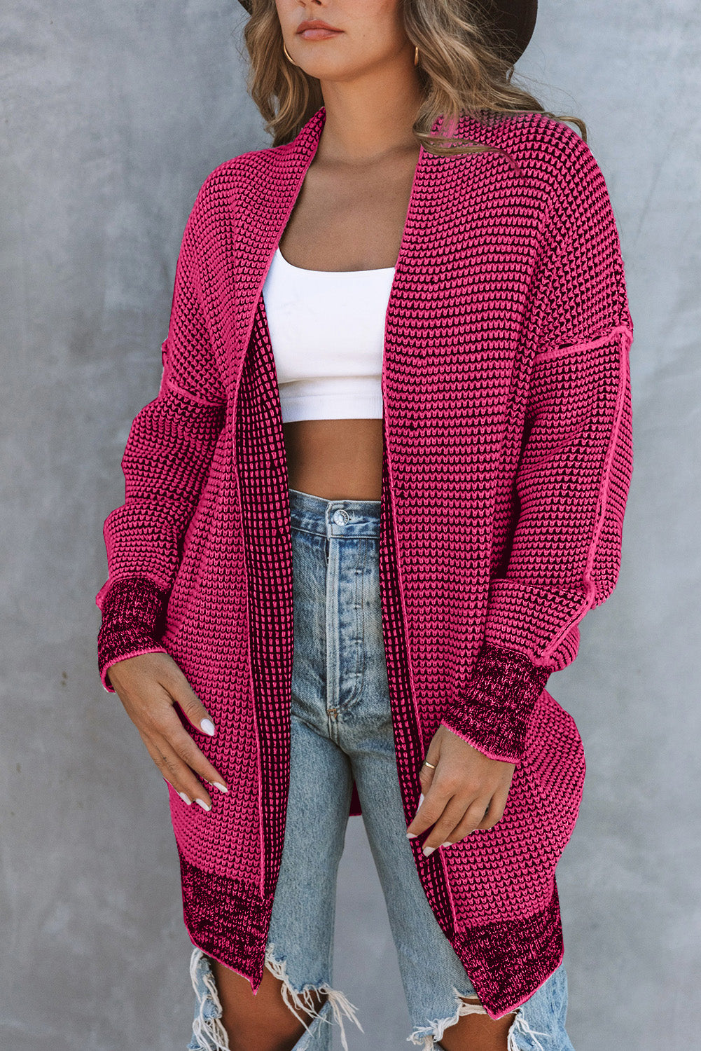 Apricot Plaid Knitted Long Open Front Cardigan