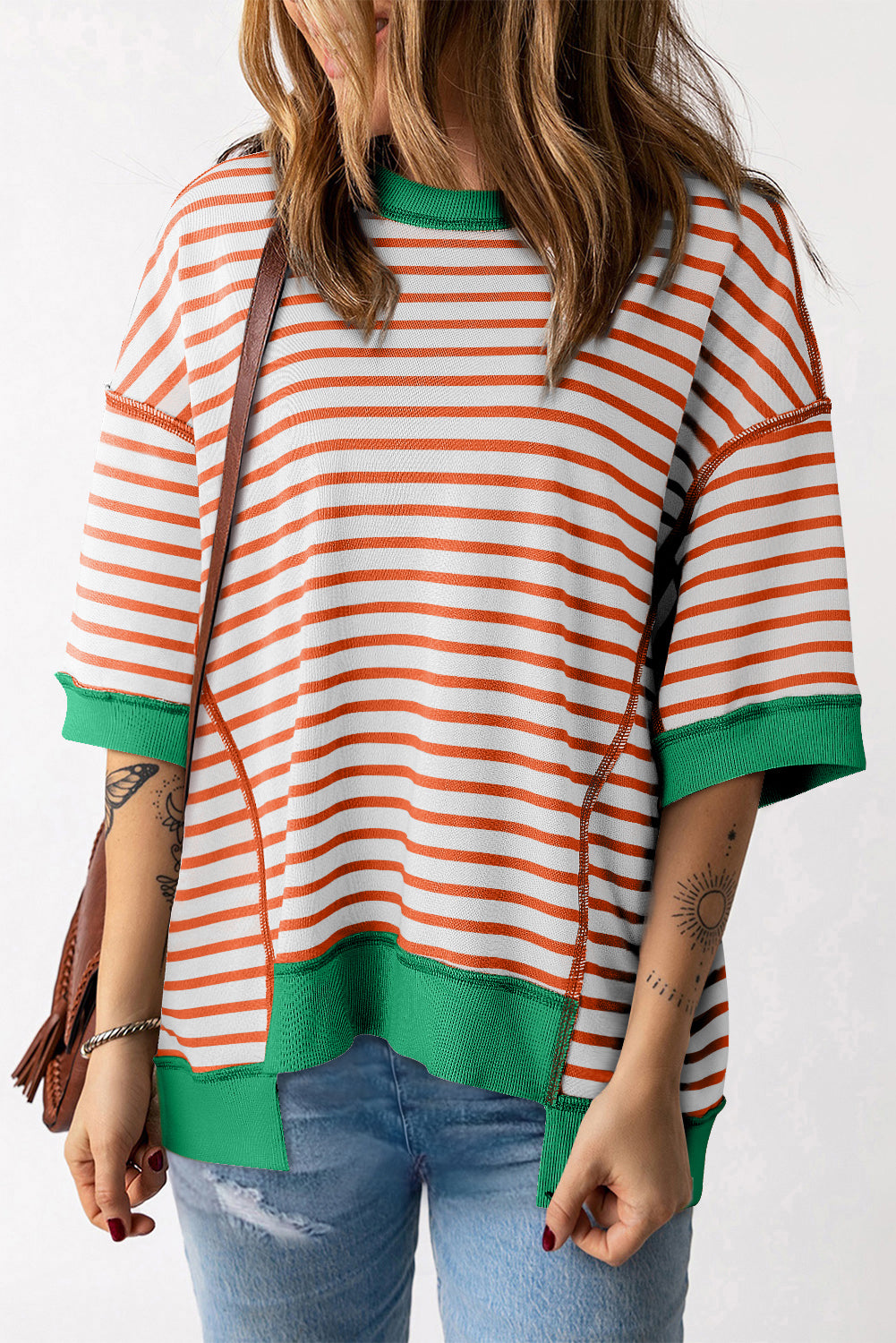 Green Stripe Oversized Contrast Trim Exposed Seam High Low T Shirt