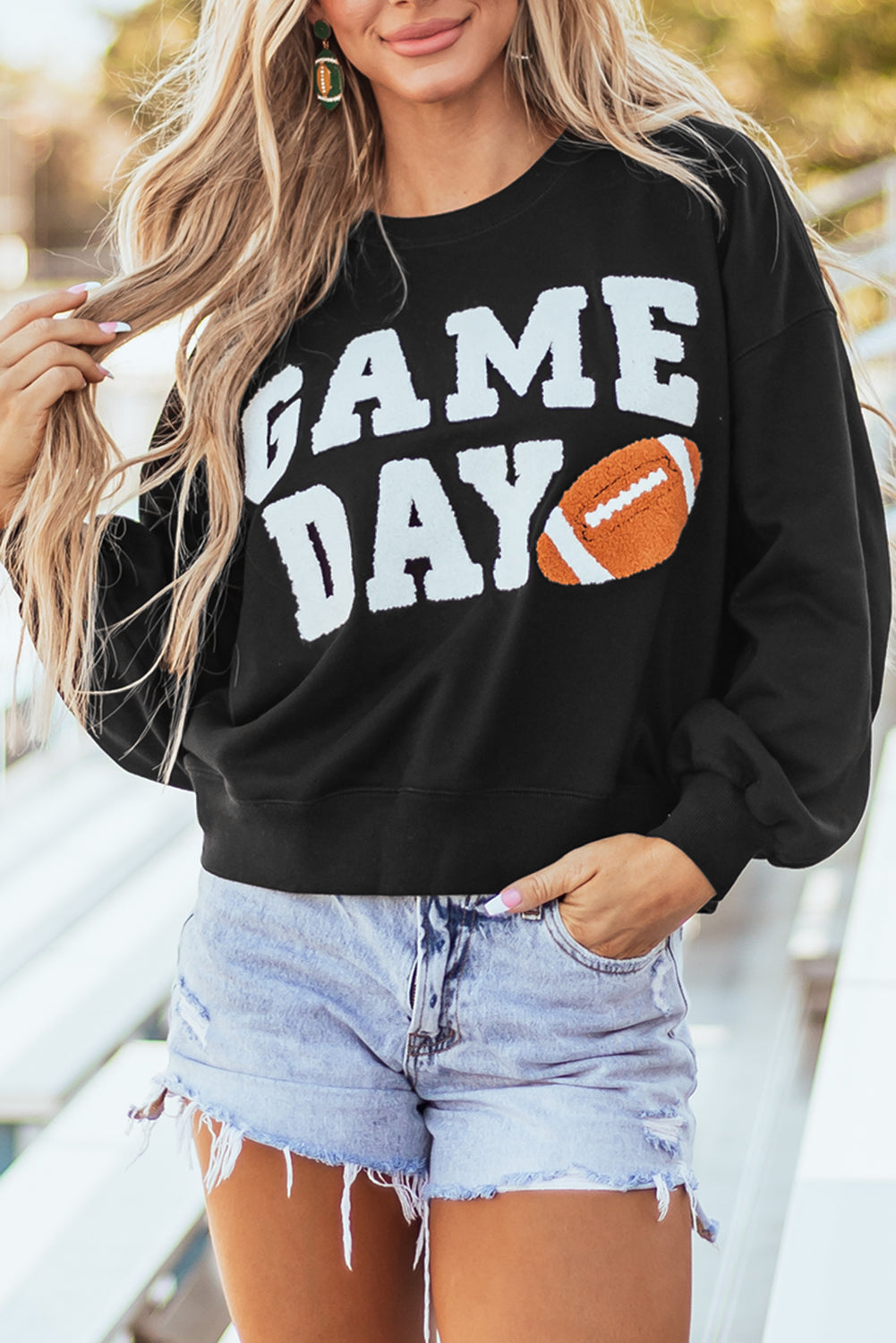 Black GAME DAY Graphic Varsity Pullover Sweatshirt