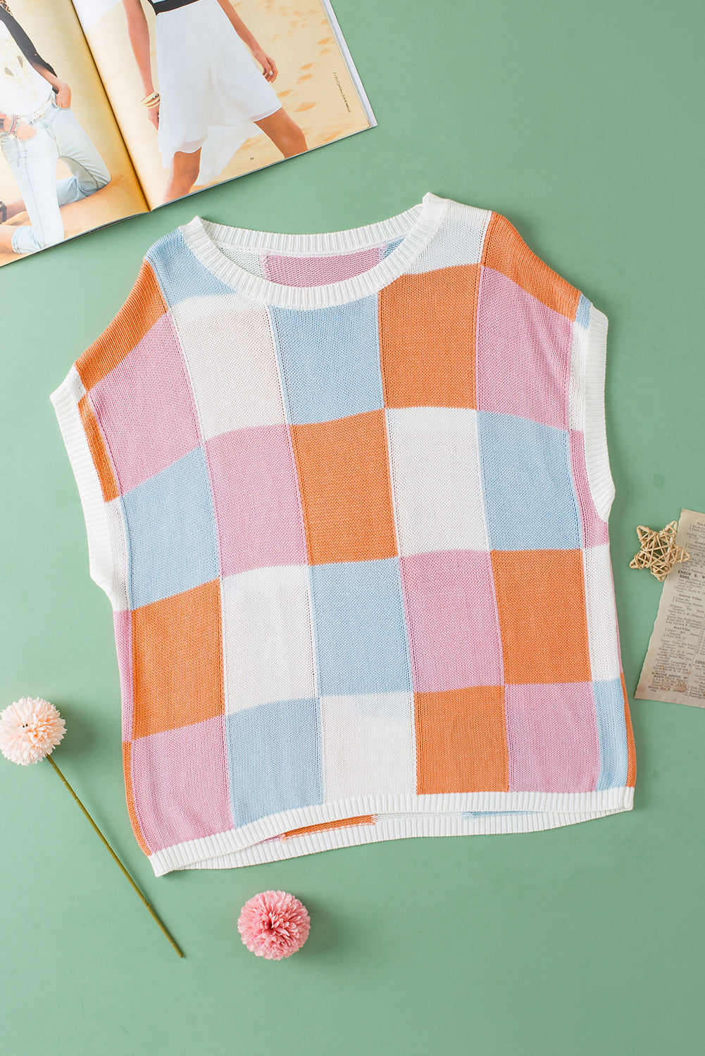 Grapefruit Orange Color Block Cap Sleeve Sweater