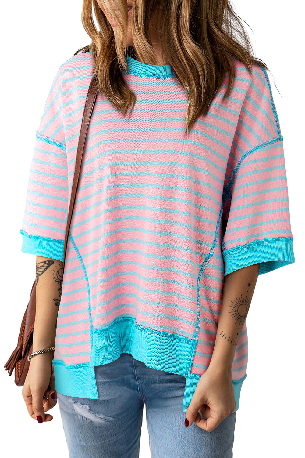 Green Stripe Oversized Contrast Trim Exposed Seam High Low T Shirt