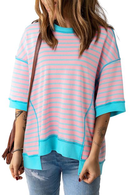 Green Stripe Oversized Contrast Trim Exposed Seam High Low T Shirt