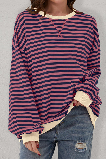 Blue Stripe Oversized Contrast Trim Pullover Sweatshirt