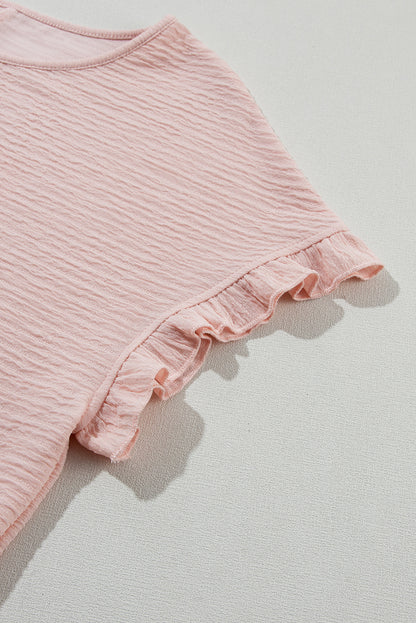 Light Pink Solid Textured Ruffled Short Sleeve Blouse