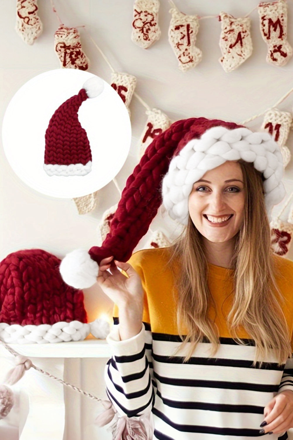 Red Chunky Knitted Santa Hat Plush White With Pom Pom Trim