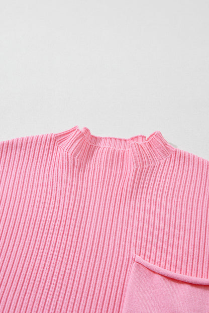 Pocket Ribbed Knit Short Sleeve Sweater