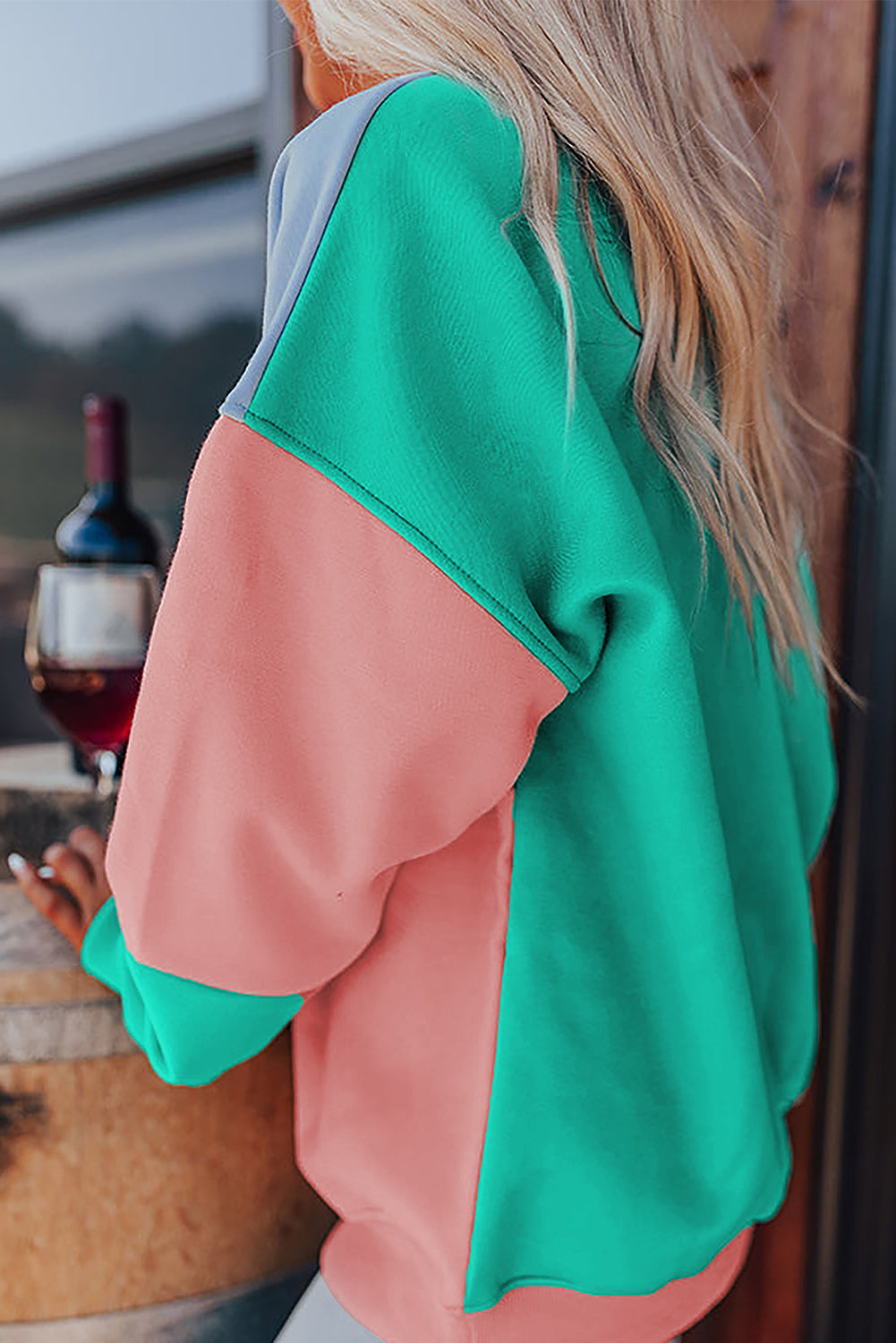 Bright Pink Colorblock Patchwork Drop Shoulder Sweatshirt