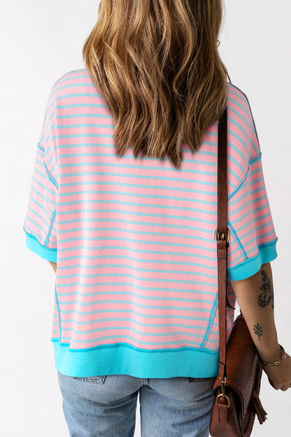 Green Stripe Oversized Contrast Trim Exposed Seam High Low T Shirt