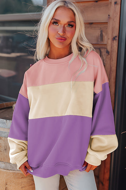 Bright Pink Colorblock Patchwork Drop Shoulder Sweatshirt