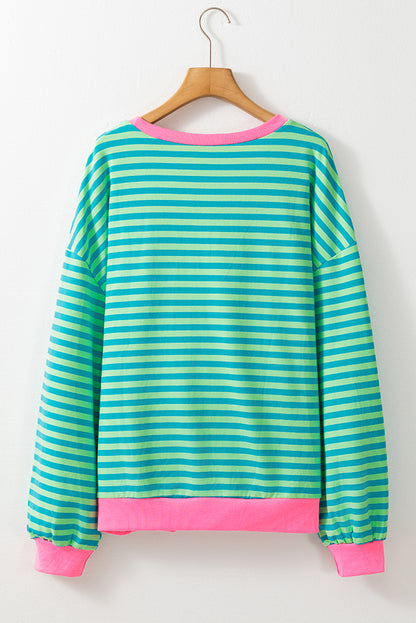 Blue Stripe Oversized Contrast Trim Pullover Sweatshirt