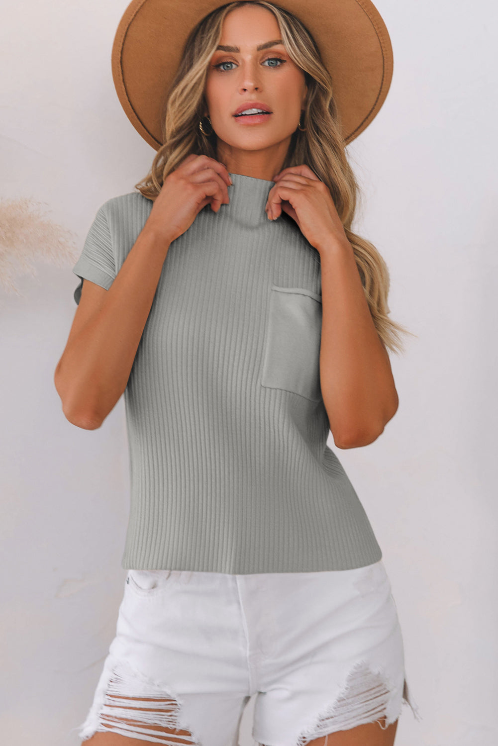 Pocket Ribbed Knit Short Sleeve Sweater