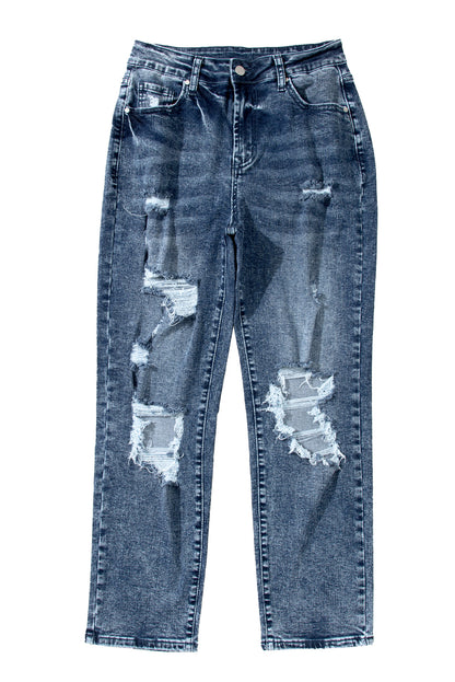 Navy Blue Light Wash Frayed Slim Fit High Waist Jeans