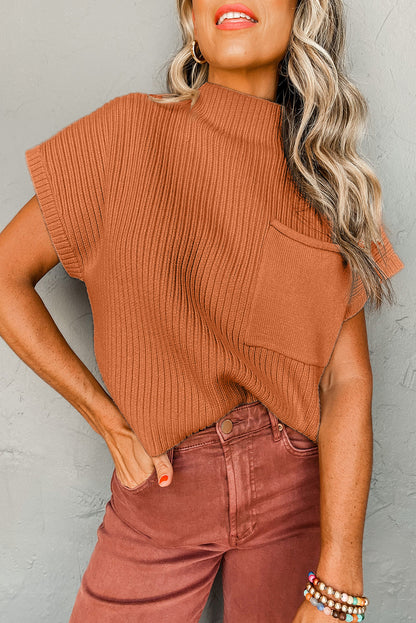 Pocket Ribbed Knit Short Sleeve Sweater