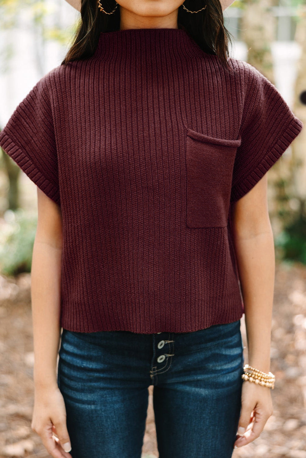 Pocket Ribbed Knit Short Sleeve Sweater