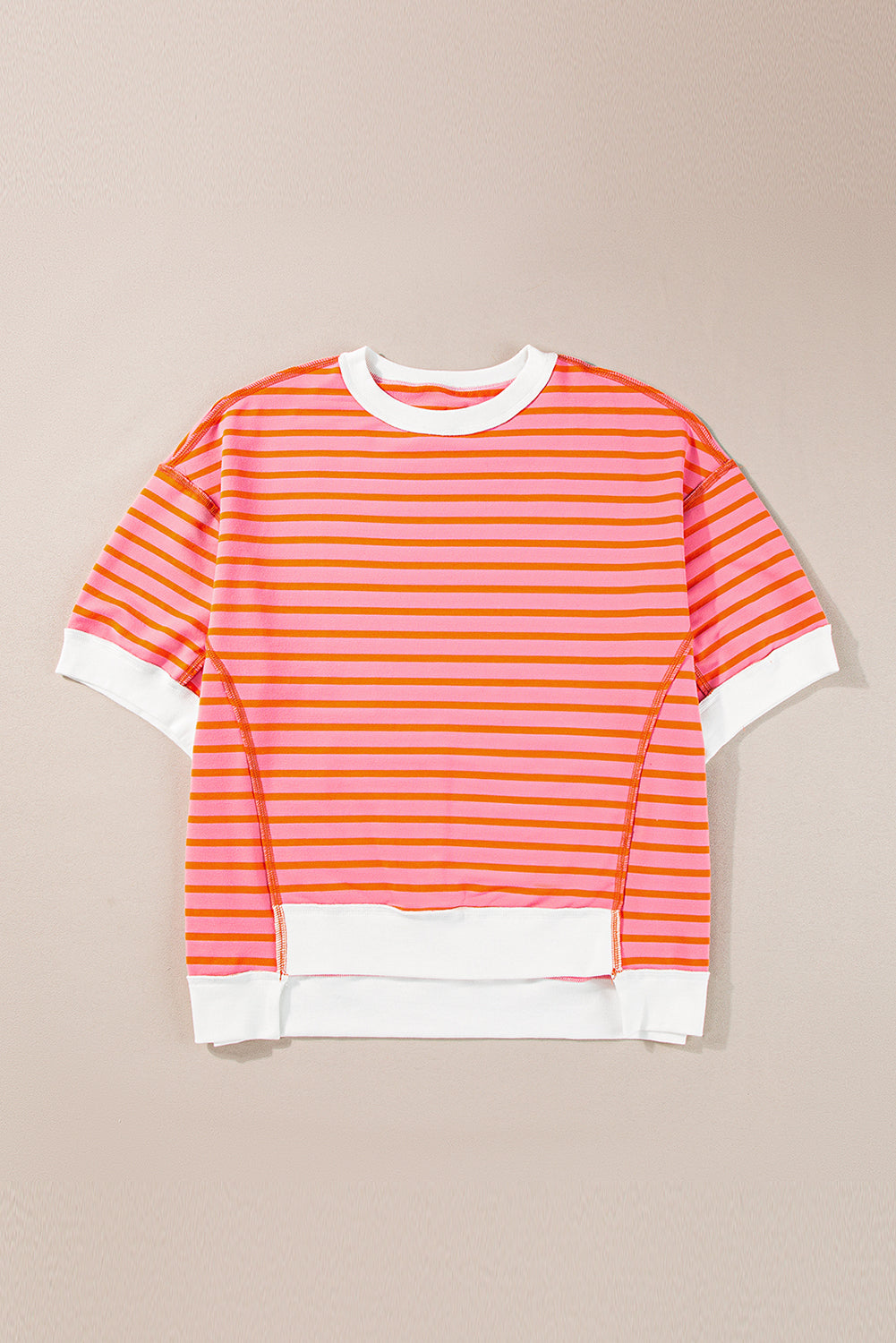 Green Stripe Oversized Contrast Trim Exposed Seam High Low T Shirt