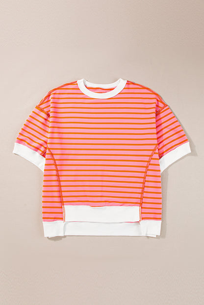 Green Stripe Oversized Contrast Trim Exposed Seam High Low T Shirt