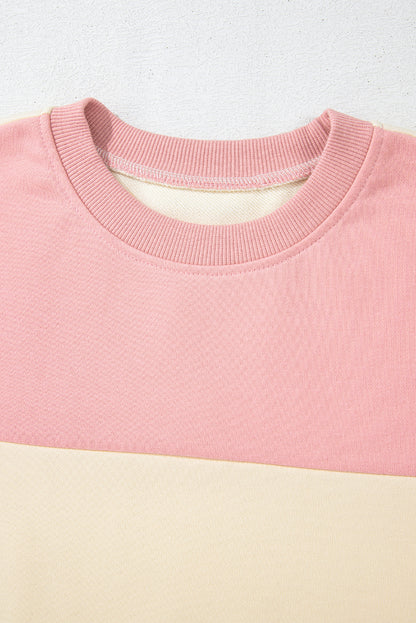 Bright Pink Colorblock Patchwork Drop Shoulder Sweatshirt