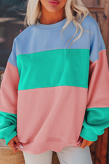 Bright Pink Colorblock Patchwork Drop Shoulder Sweatshirt