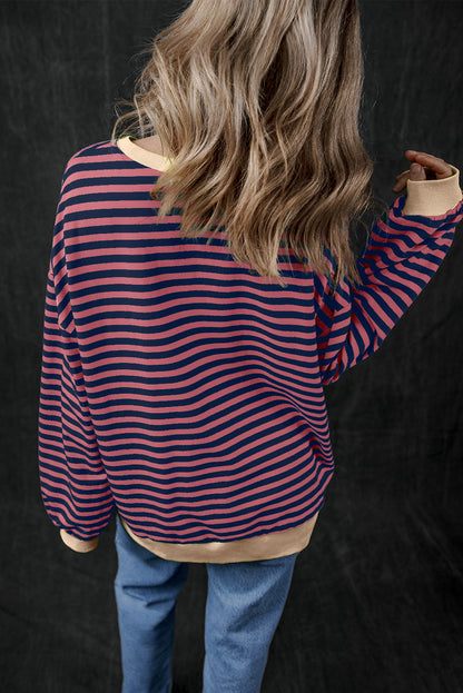 Blue Stripe Oversized Contrast Trim Pullover Sweatshirt