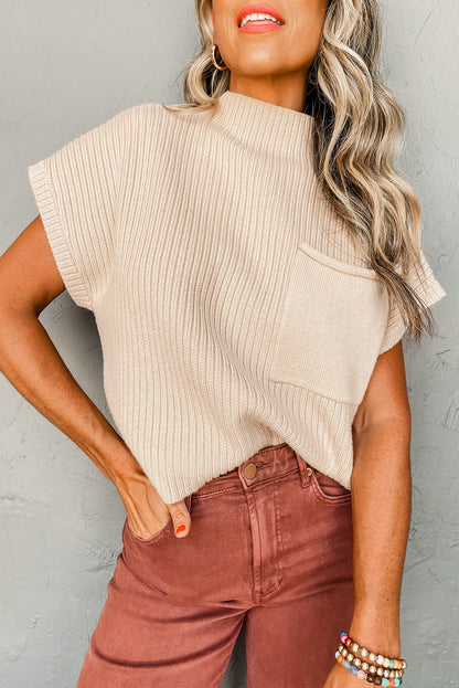 Pocket Ribbed Knit Short Sleeve Sweater