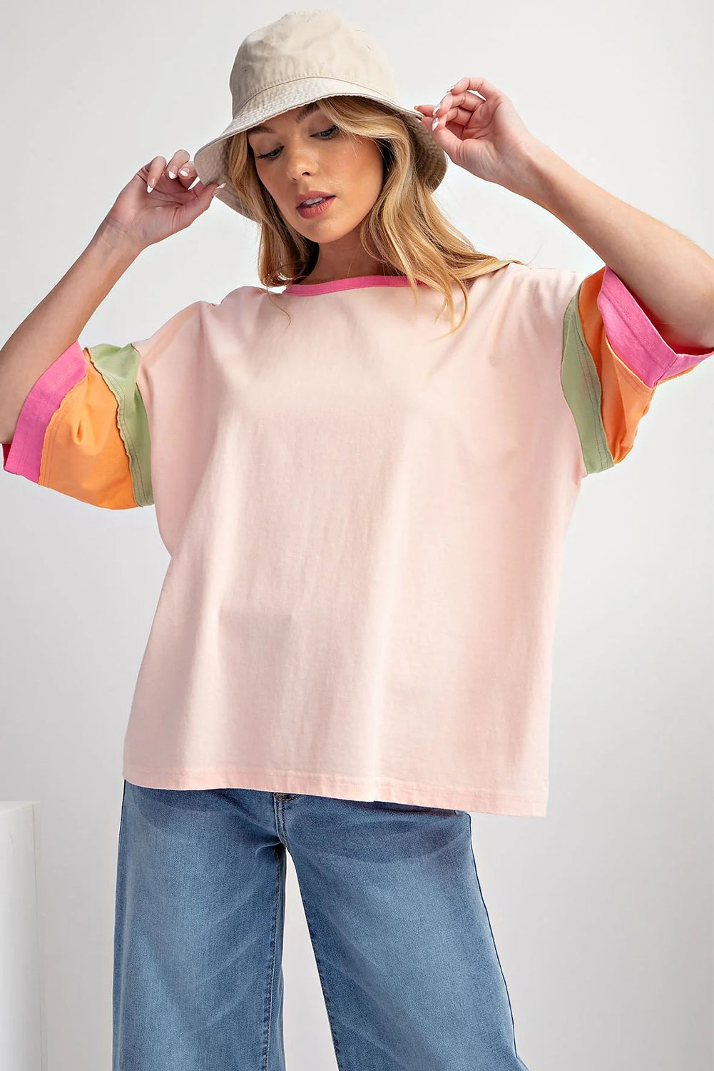 Green Color Block Stitching Sleeve Round Neck Oversize Top