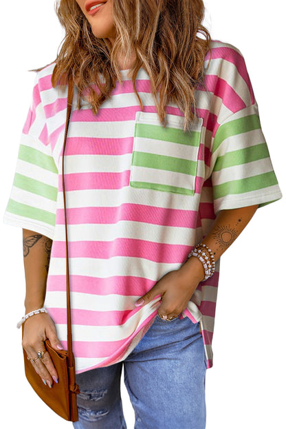 Blue Stripe Contrast Patch Pocket Drop Sleeve T Shirt