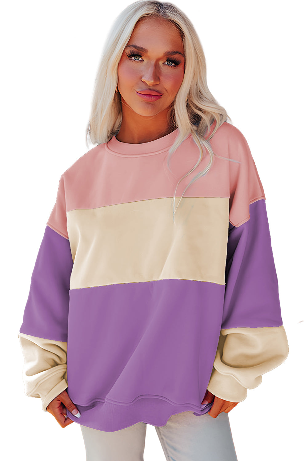 Bright Pink Colorblock Patchwork Drop Shoulder Sweatshirt