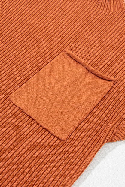 Pocket Ribbed Knit Short Sleeve Sweater