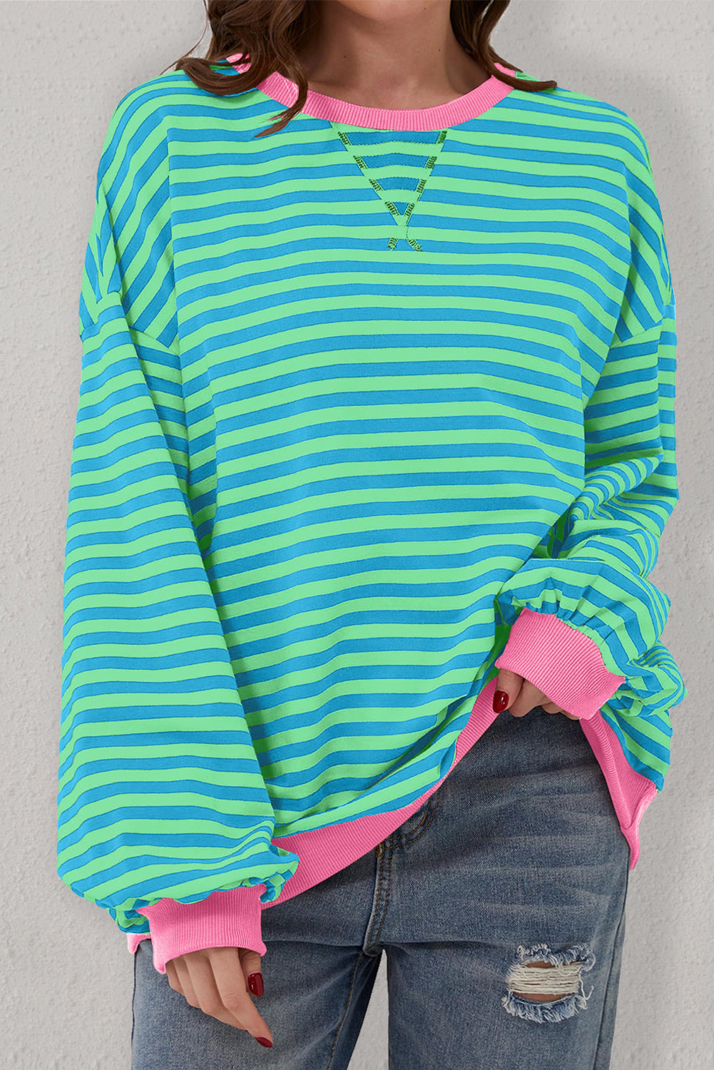 Blue Stripe Oversized Contrast Trim Pullover Sweatshirt