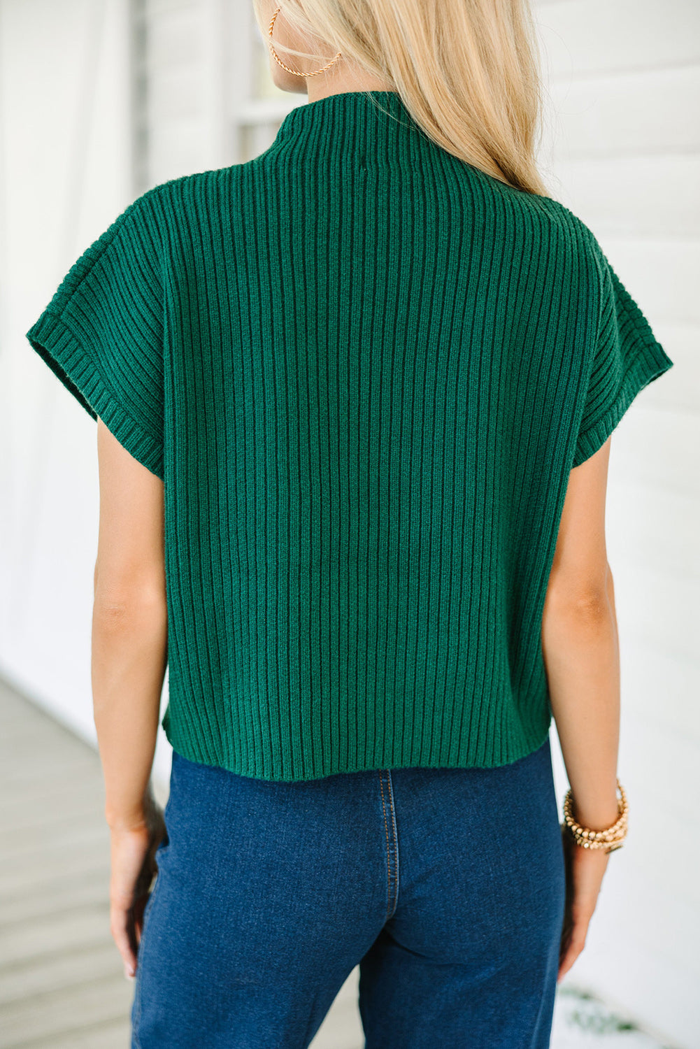 Pocket Ribbed Knit Short Sleeve Sweater