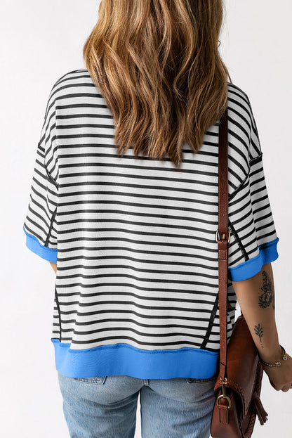 Green Stripe Oversized Contrast Trim Exposed Seam High Low T Shirt