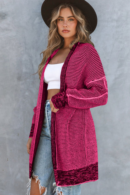 Apricot Plaid Knitted Long Open Front Cardigan