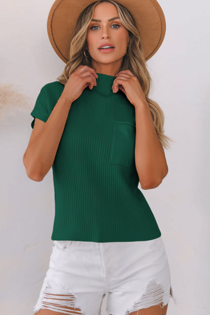 Pocket Ribbed Knit Short Sleeve Sweater