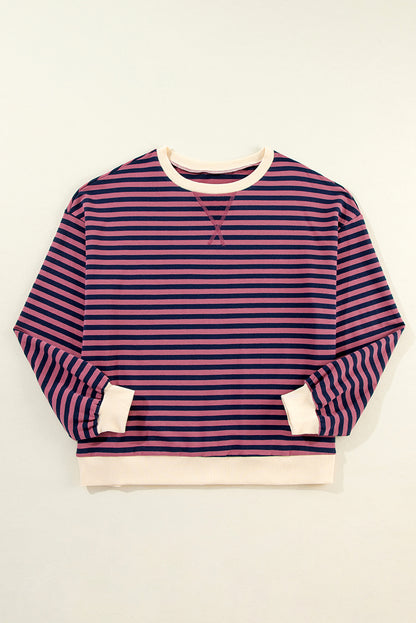 Blue Stripe Oversized Contrast Trim Pullover Sweatshirt