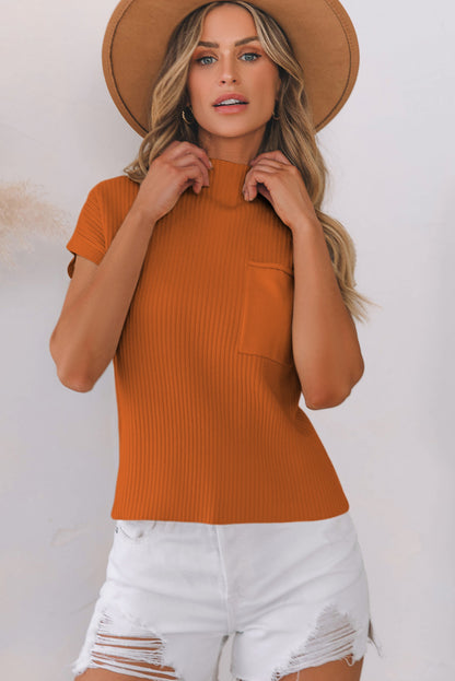 Pocket Ribbed Knit Short Sleeve Sweater