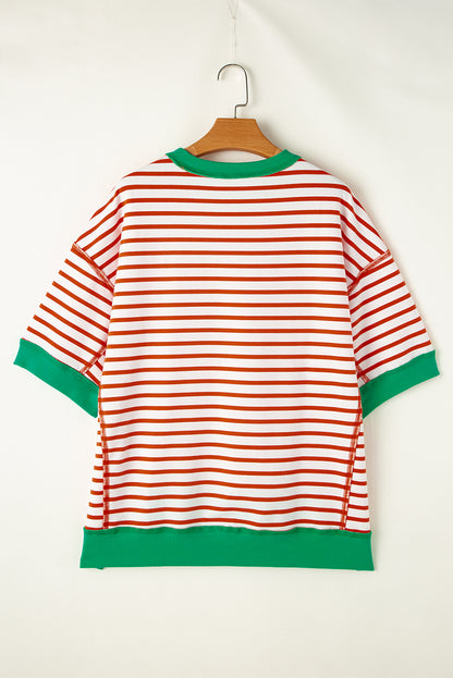 Green Stripe Oversized Contrast Trim Exposed Seam High Low T Shirt