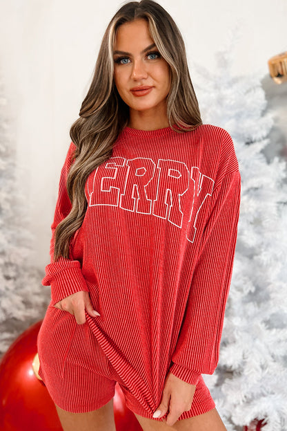 Red Corduroy Merry Christmas Long Sleeve Top and Shorts Set