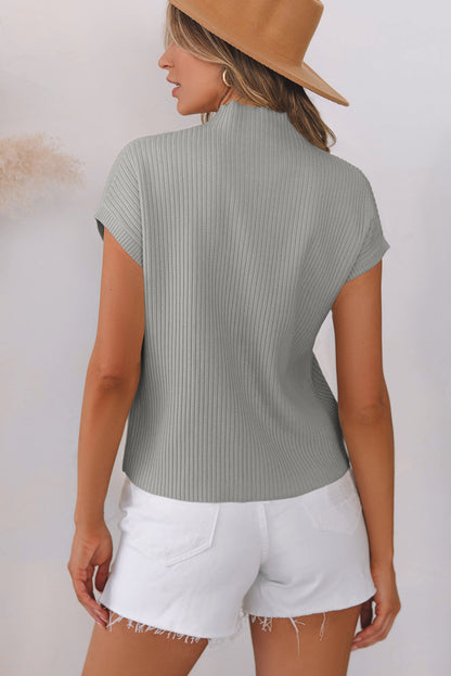 Pocket Ribbed Knit Short Sleeve Sweater