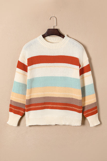 Crew Neck Drop-shoulder Striped Color Block Sweater