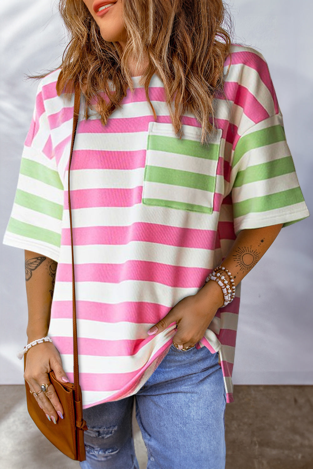 Blue Stripe Contrast Patch Pocket Drop Sleeve T Shirt