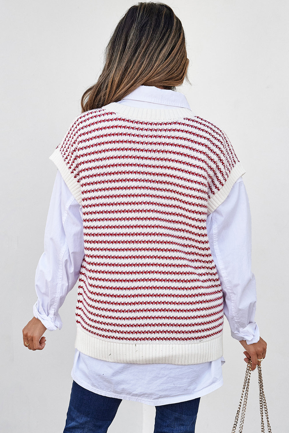 Blue Stripe Ribbed Trim Loose Fit Knitted Sweater Vest