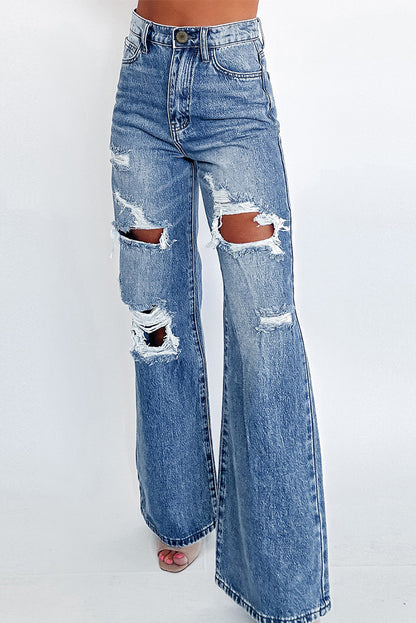 Blue Wash Distressed Wide Leg Ripped High Waist Jeans